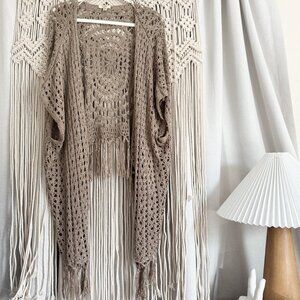 Kori America Tan Crochet Knit Kimono Cardigan S/M Boho Fall Layering